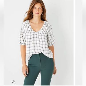 Ann Taylor Plaid Shirred V-Neck Top
